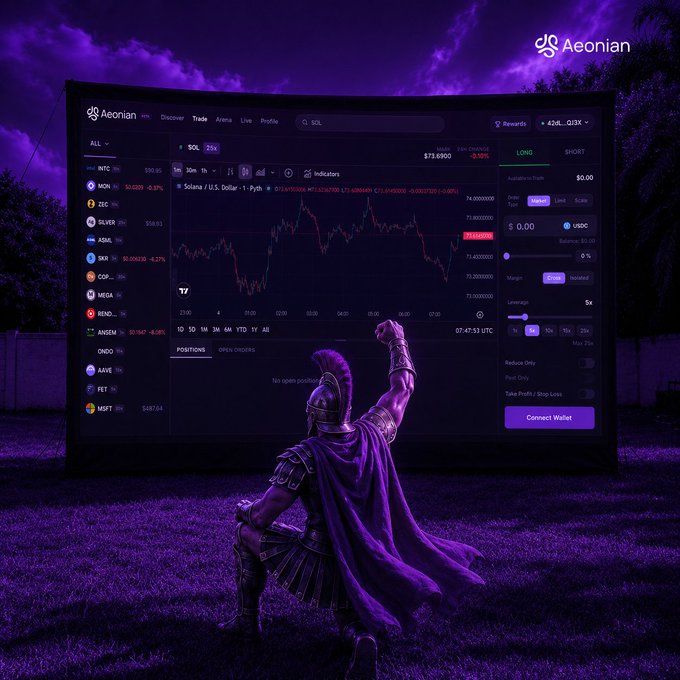 A promotional graphic for "Aeonian" showing a Roman-style warrior statue in purple lighting pointing at a large projected trading interface displaying the SOL/USD chart.