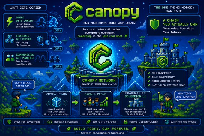 A pixel-art style promotional graphic for 'Canopy Network' with the tagline 'Own Your Chain. Build Your Legacy,' detailing features like virtual chains, sovereignty, and community ownership.