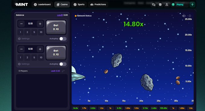 A screenshot of a gambling website called MINT showing a game with asteroids and a multiplier of 14.80x, with betting controls on the left side.