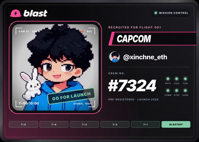 A digital mission control card from 'blast' featuring a pixel art character with a rabbit, labeled 'CAPCOM', '@xinchne_eth', Crew No. #7324, with various status indicators and a 'GO FOR LAUNCH' signal.