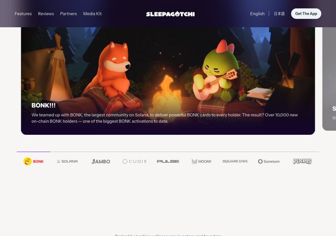 A screenshot of the Sleepagotchi website featuring two animated characters (a Shiba Inu and a green creature) by a campfire, promoting their partnership with BONK to deliver cards to over 10,000 new on-chain BONK holders.