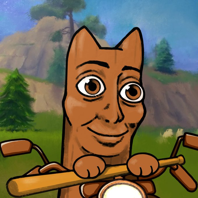 An orange cat character with a human-like face is depicted riding a motorcycle, rendered in a painterly cartoon style against a landscape background.