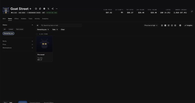 A dark-themed OpenSea dashboard for the 'Goat Street' NFT collection, showing items for sale with stats like a floor price of 0.2 ETH and top offer of 0.019 ETH.