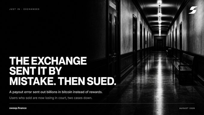 A dark, dramatic hallway image from Sweep Finance's "Just In - Exchanges" series (August 2026) features the bold headline "THE EXCHANGE SENT IT BY MISTAKE. THEN SUED," with a subheading explaining that a payout error sent billions in bitcoin instead of rewards, and users who sold are now losing in court with two cases down—visually reinforcing the post's theme about how exchanges pursue users who cash out erroneous payouts.