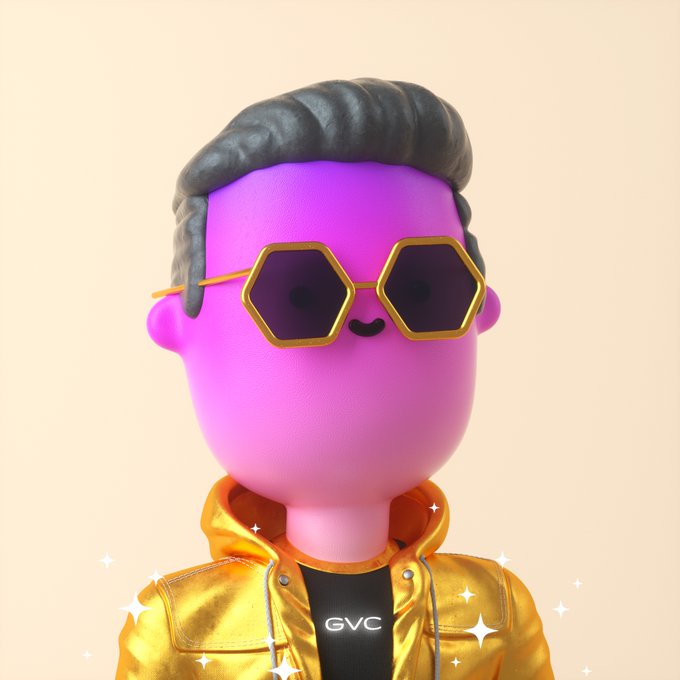 A 3D-rendered purple character wearing gold-framed hexagonal sunglasses and a metallic yellow jacket, with 'GVC' visible on its black shirt.