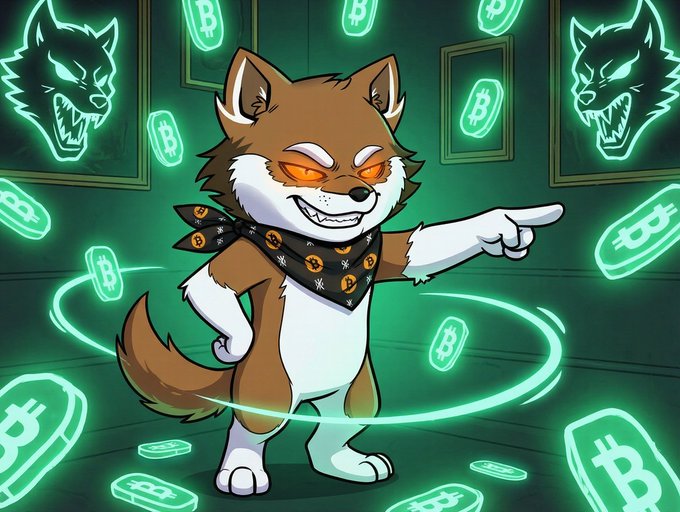 A cartoon-style illustration of an anthropomorphic fox wearing a bandana, pointing confidently while surrounded by floating Bitcoin symbols and glowing wolf emblems on the walls.