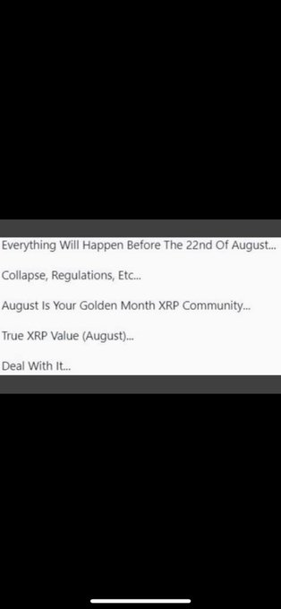 A mobile menu displays XRP-related headlines including "Everything Will Happen Before The 22nd Of August," "Collapse, Regulations, Etc.," "August Is Your Golden Month XRP Community," "True XRP Value (August)," and "Deal With It," which align with the post's skeptical reaction to bold XRP price predictions.