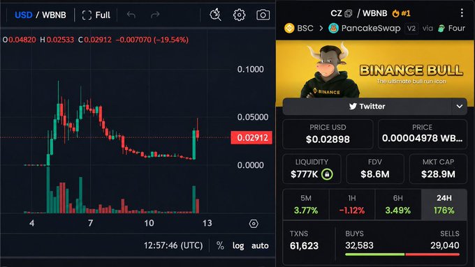 A cryptocurrency trading interface showing a candlestick chart for 'USD / WBNB' on the left, with a current price of 0.02912 (-19.54%), and on the right a token info panel for 'CZ' on PancakeSwap displaying a 'BINANCE BULL' bull icon, a price of $0.02898, and market cap of $28.9M.