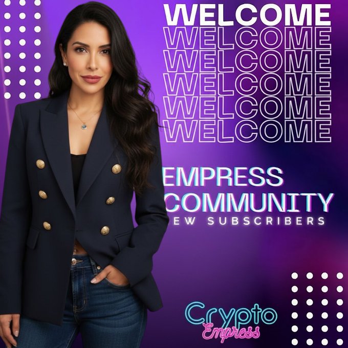 A 'Welcome to the Empress Community' announcement graphic featuring a woman in a navy double-breasted blazer against a purple background with repeating 'WELCOME' text and 'Crypto Empress' branding.
