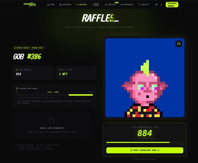 The image shows a page from a raffles app with a cartoon of a person wearing a red and yellow outfit, specifically an orange hair color. The screen displays various details about the ongoing raffle event, including the number of mints available (884) and the amount of money up for grabs (99 cents). The post on social media announces that the final remaining chance to win is 1/100th, and only 89 mints are still left in play. Furthermore, the app provides instructions about how to draw a Mint from Blever for just 99 cents.
