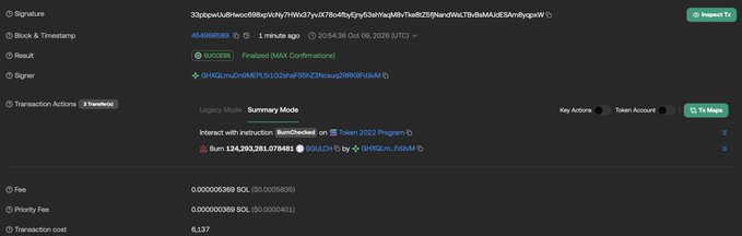A blockchain transaction screenshot on Etherscan showing the burn of 134,293,881.078481 $GULCH tokens from the 0x802...c698GOF8AM wallet, dated October 5, 2020, with a $0.00 finalized (MAX: Confirmations) result—illustrating the successful execution of the planned GULCH token burn mentioned in the post.