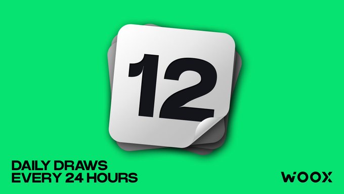 A WOOX promotional graphic featuring a stacked white calendar page displaying "12" on a bright green background, with text "DAILY DRAWS EVERY 24 HOURS" in the bottom left corner and the WOOX logo in the bottom right. The image illustrates Day 12 of WOO X's 21-day daily check-in campaign on social media.