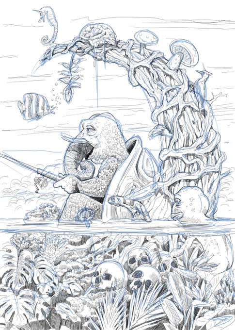 The image features a cartoon illustration of an elephant holding a sword while sitting under a tree with mushrooms growing from its trunk. The elephant appears to be in a cave-like setting surrounded by various plants, including palm trees and other vegetation. The drawing is done in black and white, giving it a classic and timeless feel.

The post that this image belongs to is called "LURKPEPE @NotablePepes Series: 6 Card: 27 hiding is only temporary, lost is eternal Start to Finish". This post focuses on the concept of hiding or concealing oneself from others, which can be seen in the elephant's situation. The post also mentions that this idea is only temporary and that losing something valuable will always be permanent.