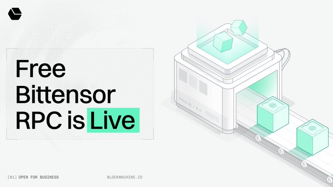 A promotional graphic featuring isometric line-art of a 3D printer producing cubes on a conveyor belt, with bold text reading "Free Bittensor RPC is Live" alongside the Blockmachine.io logo. The image visually reinforces the post's announcement by depicting decentralized, on-demand infrastructure production, symbolizing the new free, community-powered RPC service for the Bittensor network.