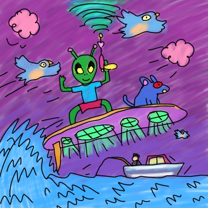 A whimsical, colorful cartoon depicts a green alien holding a candle while standing on a UFO, surrounded by flying cats, a dog, pink clouds, and a boat on wavy blue waters beneath a purple sky—reflecting the post's playful, crypto-themed "random drop" contest for an EVM wallet prize of 300 GTD.