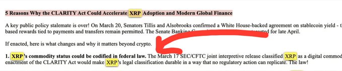 The image shows a highlighted article titled "5 Reasons Why the CLARITY Act Could Accelerate XRP Adoption and Modern Global Finance," with a red arrow pointing to the first listed reason stating that XRP's commodity status could be codified in federal law. The image relates to the post by visually reinforcing the legislative certainty the CLARITY Act would provide—setting the stage for the second point about how this codified status would finally give institutional capital the compliance clarity needed to deploy at scale.