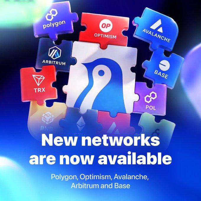 A promotional graphic with puzzle pieces displaying various cryptocurrency network logos including Polygon, Optimism, Avalanche, Arbitrum, Base, TRX, BNB, and POL, with text reading 'New networks are now available - Polygon, Optimism, Avalanche, Arbitrum and Base.'