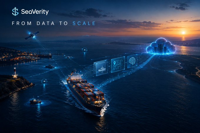 A promotional banner for 'SeaVerity' with the tagline 'FROM DATA TO SCALE' depicts a large cargo ship on the ocean surrounded by glowing blue holographic data and cloud icons at sunset.