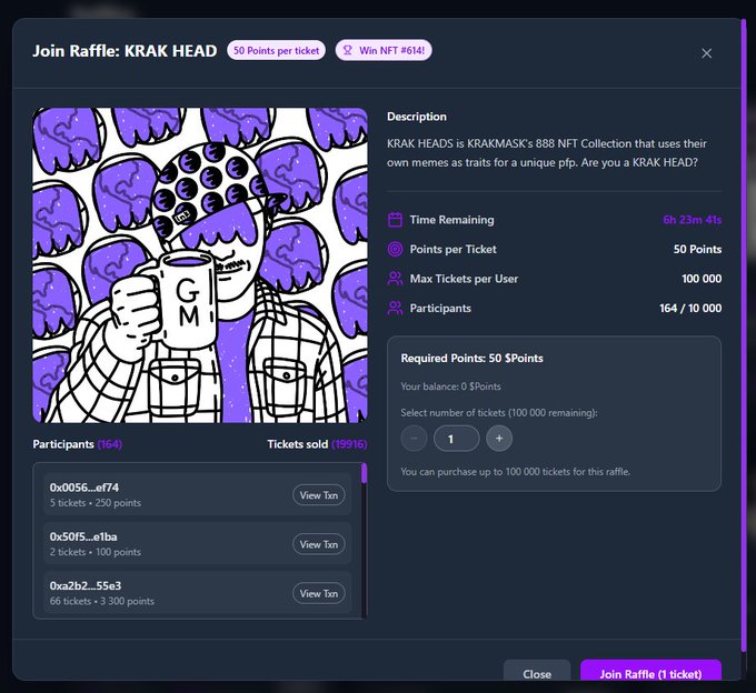 A dark-themed website interface for joining a 'KRAK HEAD' NFT raffle, showing details like '50 Points per ticket', 'Win NFT #614!', '6h 23m 41s' time remaining, 164 participants, and 19,916 tickets sold.
