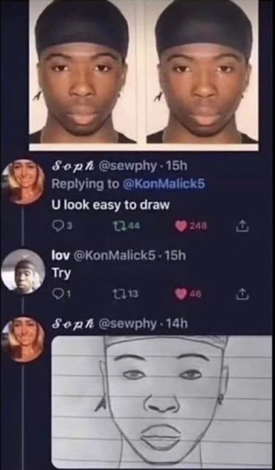 Viral Twitter/X screenshot showing user @KonMalick5 posting a mugshot saying 'Try' in response to @sewphy claiming 'U look easy to draw,' followed by a crudely drawn pencil sketch of the face.