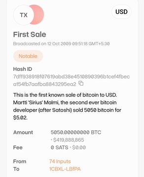 A blockchain transaction record showing the first known Bitcoin sale on October 12, 2009, where "Martti 'Sirius' Malmi" sold 5,050 BTC for just $5.02—now worth approximately $420 million 17 years later.