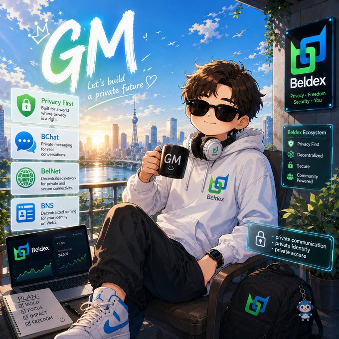 An anime-style graphic for "Beldex" features a character in a white hoodie and sunglasses holding a "GM" mug, with feature callouts for "Privacy First", "BChat", "BelNet", and "BNS".