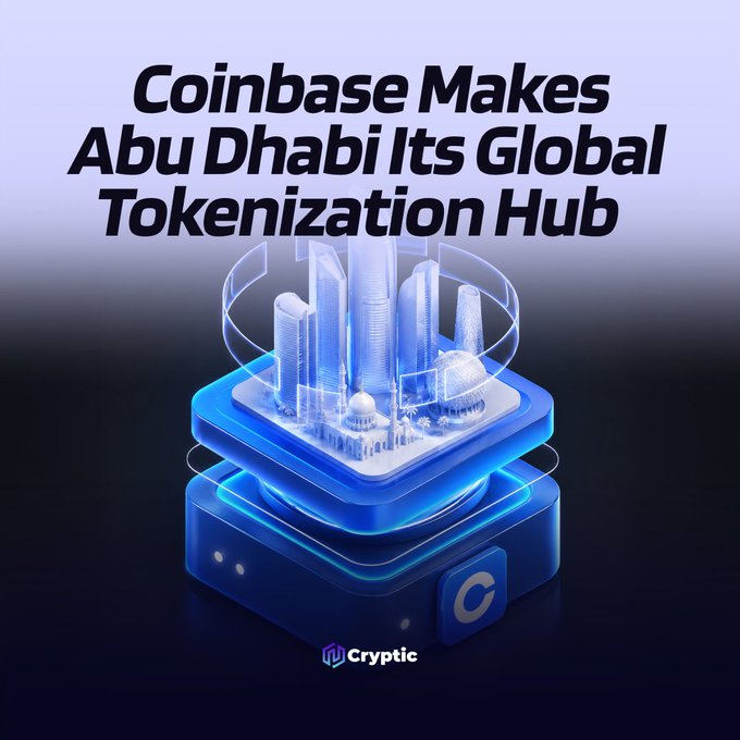 A promotional graphic titled "Coinbase Makes Abu Dhabi Its Global Tokenization Hub" features a glowing blue 3D illustration of a futuristic Abu Dhabi cityscape encased in a transparent dome atop a layered cube displaying the Coinbase "C" logo, with "Cryptic" branding at the bottom—visually representing Coinbase's new role in tokenizing traditional securities within Abu Dhabi's ADGM regulatory framework.