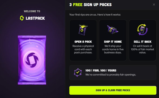 A promotional page for LASTPACK offering '3 FREE SIGN UP PACKS' with three steps: Open a Pack, Ship It Home, and Sell It Back, featuring a '100% FAIR. 100% YOURS' guarantee and a 'SIGN UP & CLAIM FREE PACKS' button.