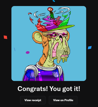 A brightly colored NFT receipt card showing a "Bored Ape" style character with an explosion of rainbow-colored fish emerging from its head, captioned "Congrats! You got it!" with "View receipt" and "View on Profile" buttons, directly illustrating the post's "Bored Ape × Bored Fish" crossover concept by mashing the iconic ape with a fish emerging from its mind.
