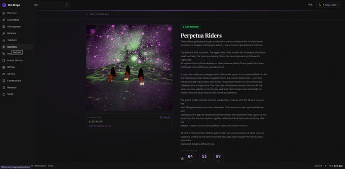 A screenshot of the Ord Drops marketplace showing a 3D collection titled 'Perpetua Riders' with an ethereal landscape image, description text, contract address (0x2719152178), and collection stats showing 04 supply, 53 owners, and 09 floor price.