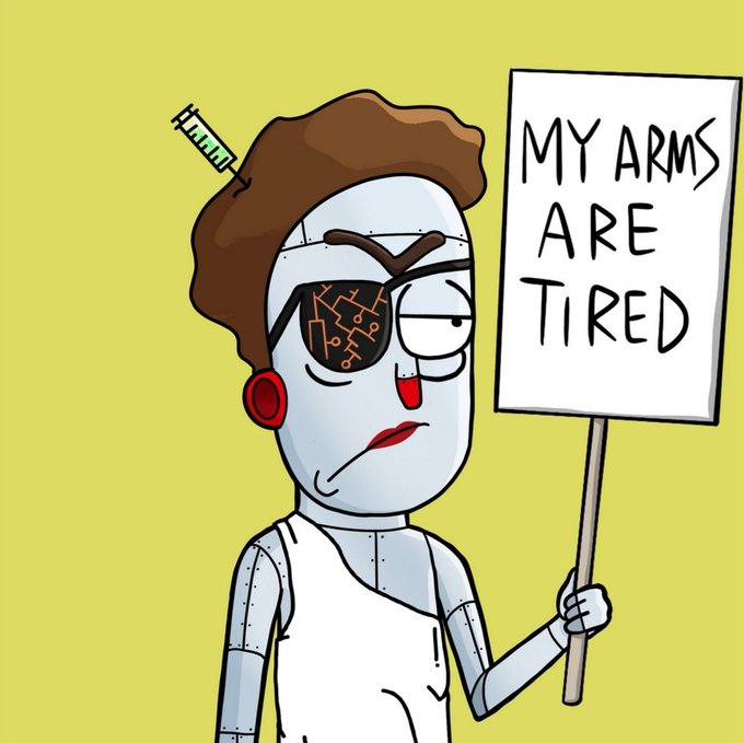 A cartoon illustration of a robot with exposed circuit-board patterns in its eye, holding a sign that reads 'MY ARMS ARE TIRED' against a yellow background.