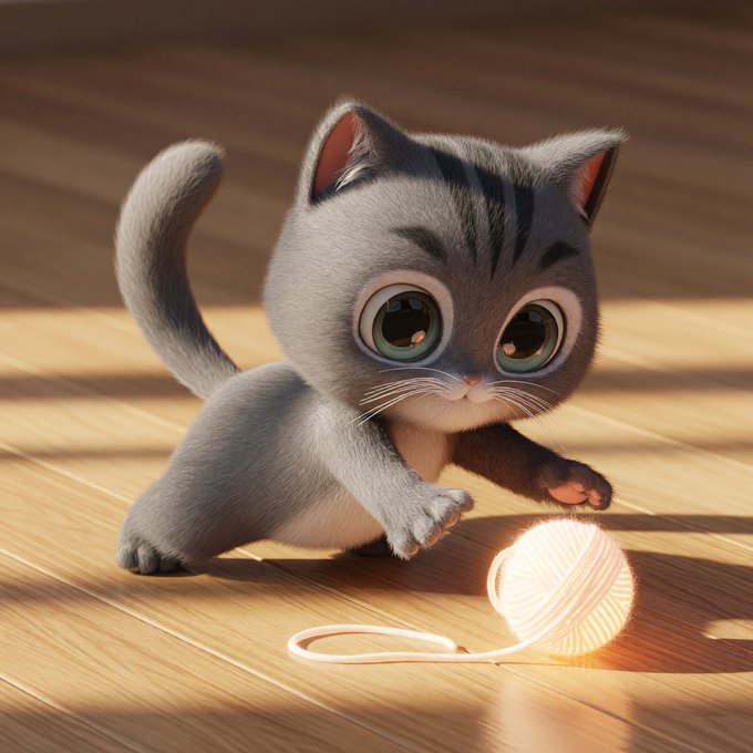 A 3D-rendered Pixar-style image of an adorable gray tabby kitten with large expressive eyes playfully batting at a ball of white yarn on a sunlit wooden floor.