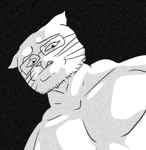 A black and white sketch illustration of a muscular anthropomorphic cat with a human-like face, posed against a dark background.