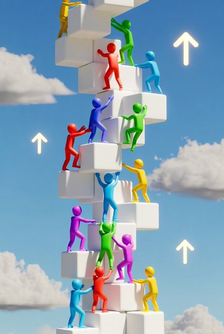 A 3D rendering shows colorful human figures climbing a spiral staircase of white cubes, with white upward arrows against a blue cloudy sky background.