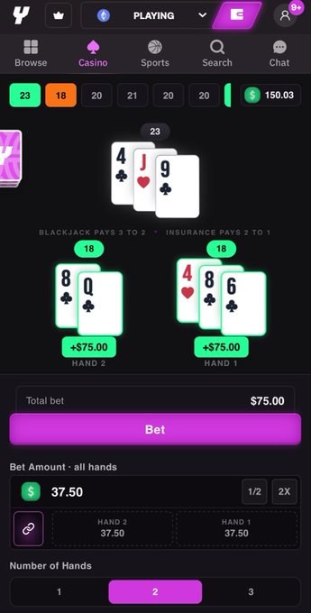 Screenshot of a mobile blackjack game interface showing the dealer has 23 (4, J, 9), busting against two player hands of 18 each (8+Q and 4+8+6), with a $75 total bet split evenly between Hand 1 and Hand 2.