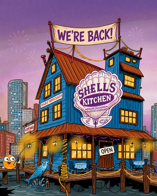 The whimsical illustration depicts a vibrant seaside seafood restaurant called "Shells Kitchen," featuring a "We're Back!" banner, daily specials, fresh seafood from Boston Harbor, and an "Open" sign, with charming details like a fishing fish character and an orange character on the dock—perfectly matching the playful VeeFriends Comics "We're back from fishing" return announcement with updated pricing.