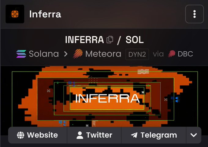 A crypto token listing page for INFERRA/SOL on Solana via Meteora, showing the token's pixelated orange logo and links to Website, Twitter, and Telegram.