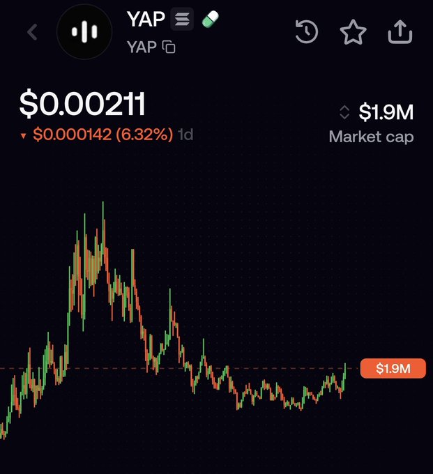 A cryptocurrency chart for the token 'YAP' shows a current price of $0.000211, down $0.000142 (6.32%) in 1 day, with a market cap of $1.9M. The candlestick chart displays a significant price peak followed by a decline and slight recovery.