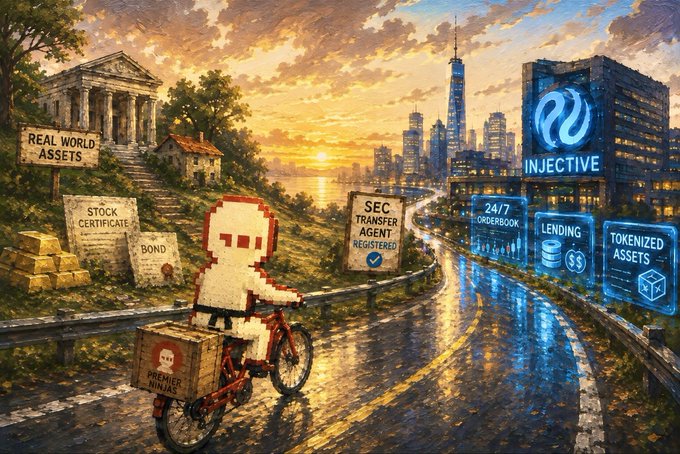 A digital artwork showing a pixelated character on a bicycle delivering a box labeled "PREMIER BANKING," with signs for "REAL WORLD ASSETS," "SEC TRANSFER AGENT REGISTERED," and an Injective building with "24/7 ORDERBOOK," "LENDING," and "TOKENIZED ASSETS."