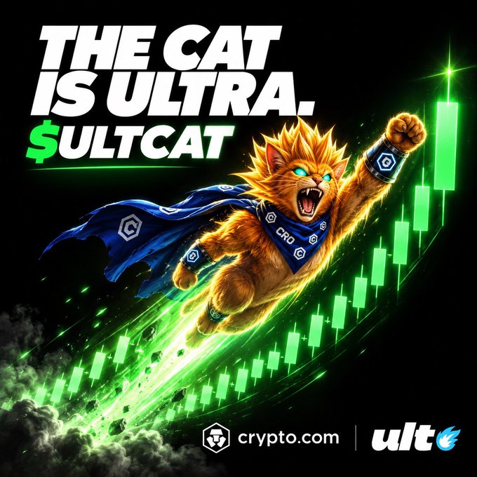 A crypto.com promotional graphic featuring an orange tabby cat wearing a cape and 'CRO' bandana flying upward amid green candlestick charts, with text 'THE CAT IS ULTRA. $ULTCAT'.