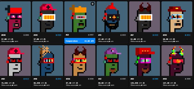 A screenshot displays a marketplace for pixel-art CryptoPunks NFTs, showing various characters with their listed prices in APT and statistics.