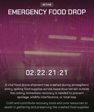 A pink-themed emergency mission screen titled 'EMERGENCY FOOD DROP' with a countdown timer at 02:22:21:21, describing a crashed food drone shipment that requires immediate recovery to prevent colony spoilage.