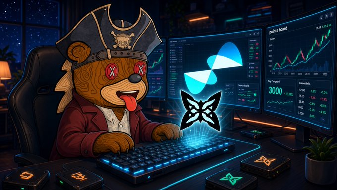 A cartoon bear wearing a pirate hat with red X eyes and its tongue out sits at a computer desk with glowing keyboards and monitors displaying financial charts and a butterfly logo.
