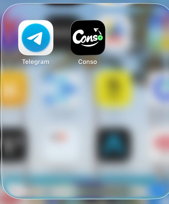 A smartphone home screen displays the "Telegram" and "Conso" app icons, which relate to the post announcing a new Chinese KOL partnership for Conso that is driving record download numbers, alongside upcoming features like a July DEX launch and OKX integration.