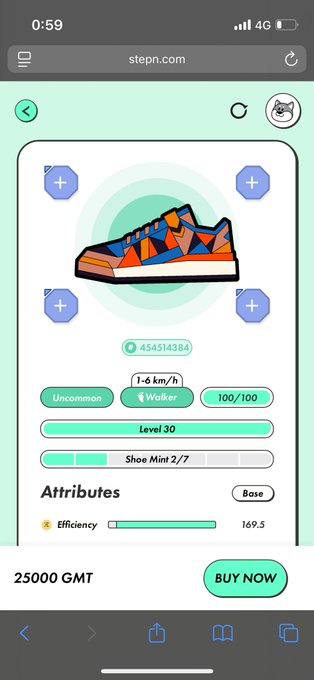 The image shows a phone screen displaying an app called "StepN", which appears to be a shopping app for shoes. The main focus of the image is a colorful shoe, possibly a sneaker or sandal, displayed on the app's interface. The background of the image is white with green and blue elements, giving it a modern and visually appealing look.