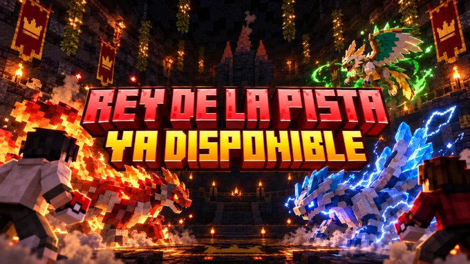 Players battle fire and ice-themed dragon-like creatures in a grand coliseum beneath the text "REY DE LA PISTA YA DISPONIBLE" (King of the Track Now Available), matching the post's announcement of a new competitive game mode in Diosesmon.