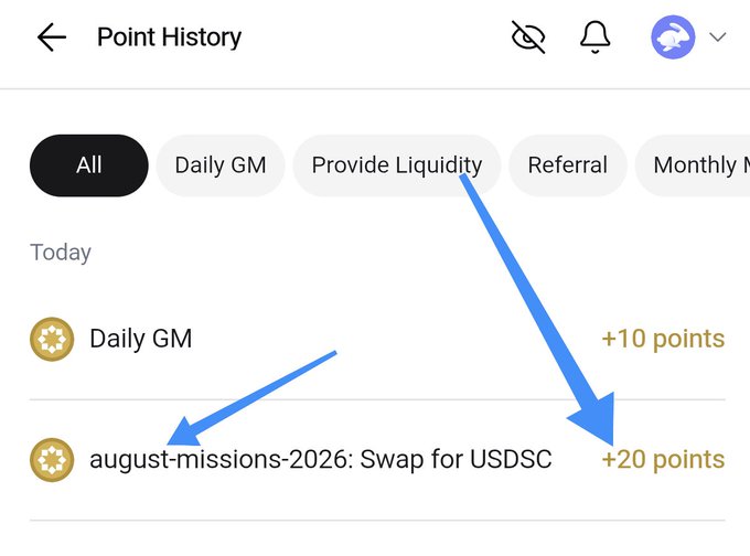 The image shows a "Point History" screen with activity categories (All, Daily GM, Provide Liquidity, Referral, Monthly) and two transactions: a "Daily GM" earning +10 points and an "august-missions-2026: Swap for USDC" earning +20 points, visually confirming the 20-point reward for completing the Startale August Mission swap as described in the post.
