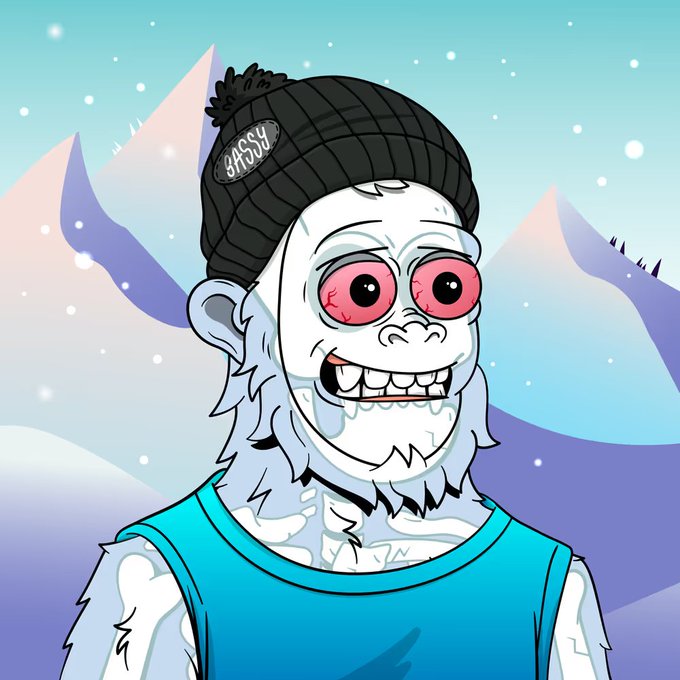 Cartoon illustration of a wide-eyed yeti-like creature with bloodshot eyes wearing a black beanie labeled 'BAGGY PALS' and a blue tank top, set against a snowy mountain landscape.
