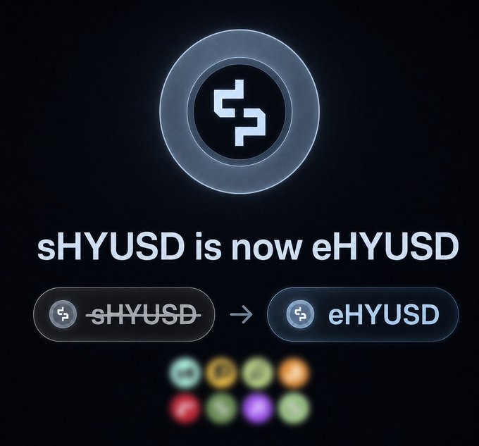 A digital announcement graphic on a black background displaying 'sHYUSD is now eHYUSD', featuring a logo change from the crossed-out 'sHYUSD' to the new 'eHYUSD' token.