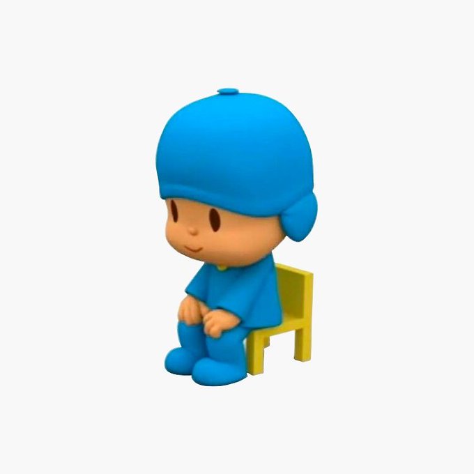 The image shows a small cartoon-style figure of a character dressed in a blue outfit with a matching blue hat, sitting patiently on a small yellow chair. The character's calm, waiting pose perfectly complements the post about eagerly anticipating the official launch of B20.